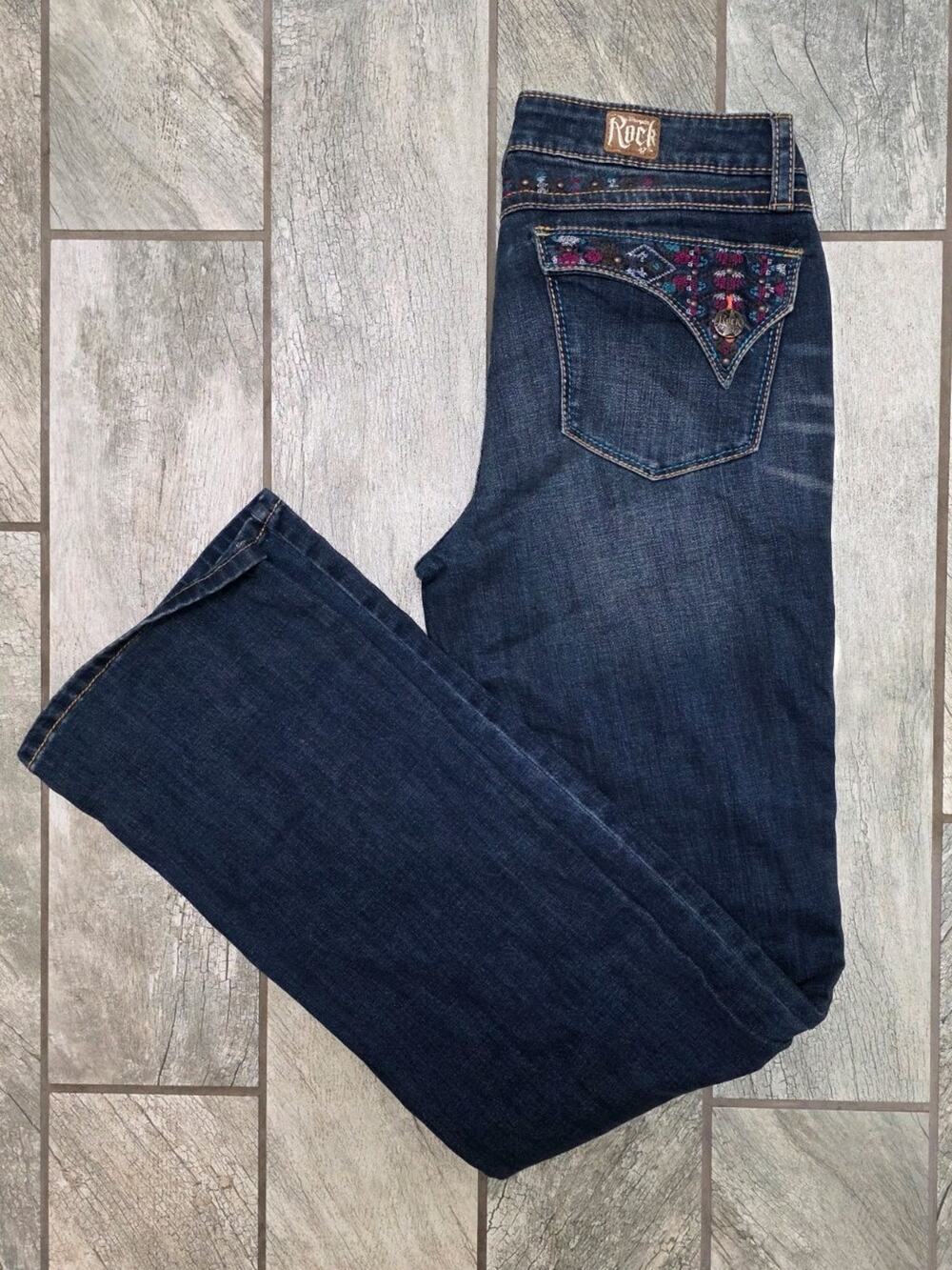 Rock Revival Womens Jeans 30x36 Low Rise Blue Denim Bootcut Embellished Pockets